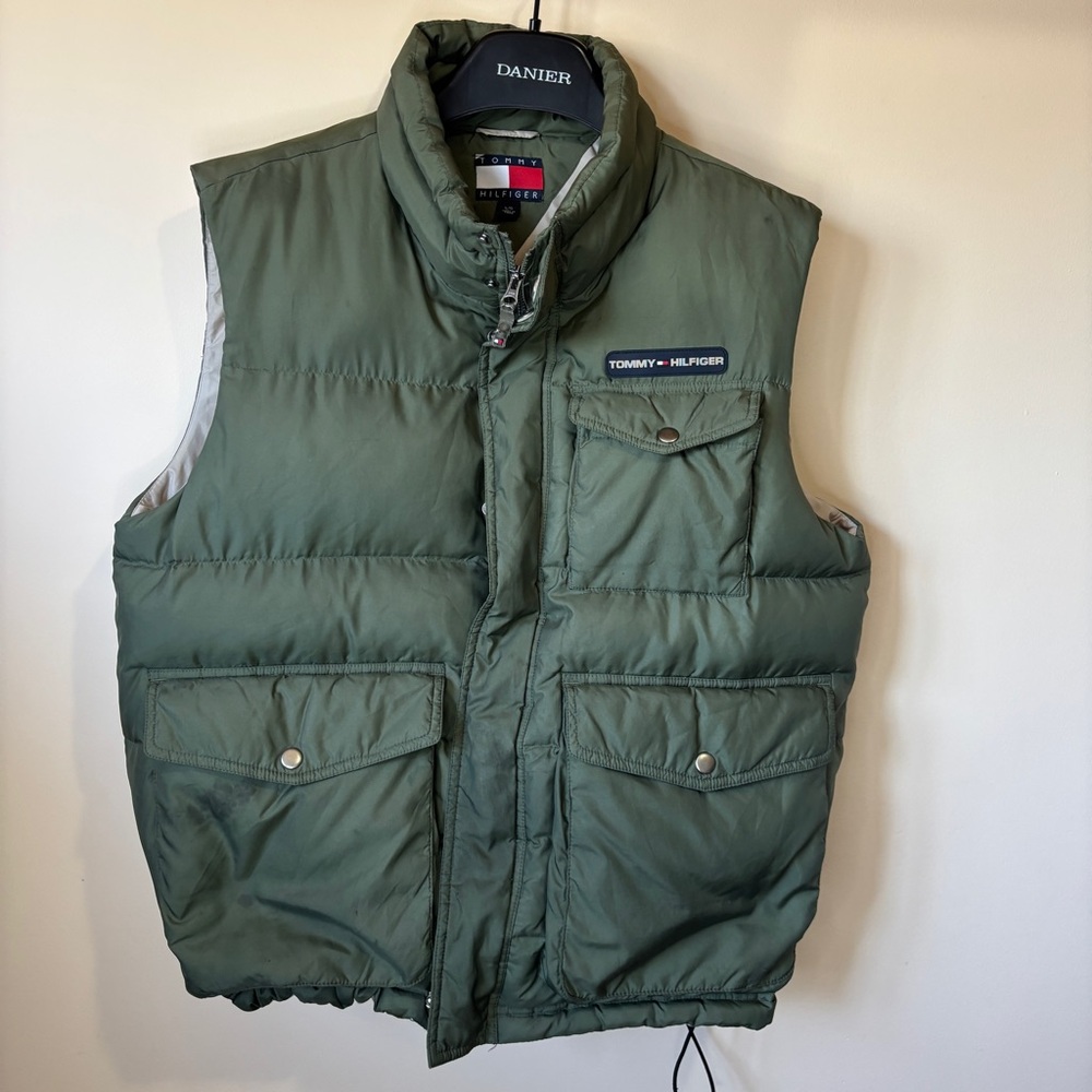 Tommy Hilfiger Men's Olive Green Puffer Utility Quilted Vest FLAWED